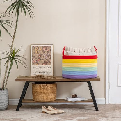 KAKAMAY Large Blanket Basket (20"x13"),Woven Baskets for storage Baby Laundry Hamper, Cotton Rope Blanket Basket for Living Room, Laundry, Nursery, Pillows, Baby Toy chest (Rainbow) - color: Rainbow