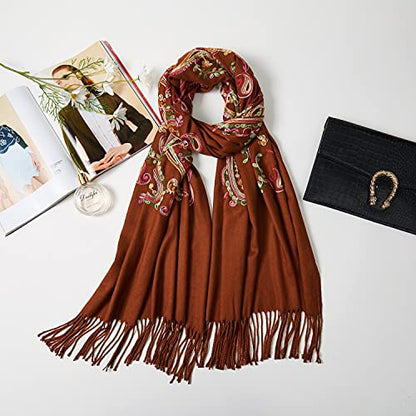 Embroidered Brushed Shawl Paisley Leaves Pattern Scarf Soft Ponchos Wrap Cape With Fringes - color: 012-sienna