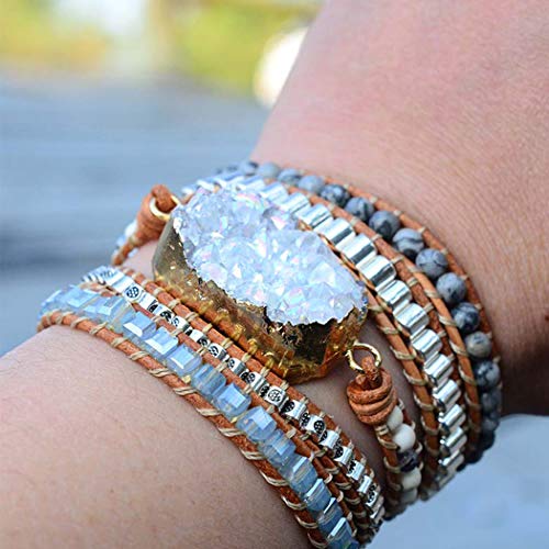 Boho Wrap Bracelet for Women, Handmade Natural Imperial Jasper Multi-Layer Stone Beaded Bracelet, Bohemian Healing Crystal Stone Jewelry Gifts - color: Quartz Druzy