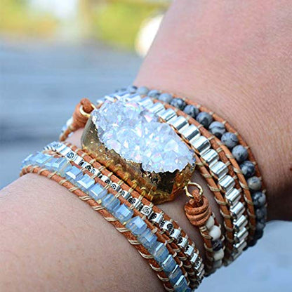 Boho Wrap Bracelet for Women, Handmade Natural Imperial Jasper Multi-Layer Stone Beaded Bracelet, Bohemian Healing Crystal Stone Jewelry Gifts - color: Quartz Druzy
