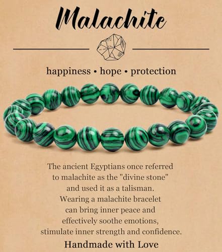 BOMAIL Natural Stone Bracelet for Women Men - 8MM Semi-Precious Gemstone Beaded Bracelet Healing Crystal Stretch Bracelet Yoga Bracelets Jewelry - color: Malachite