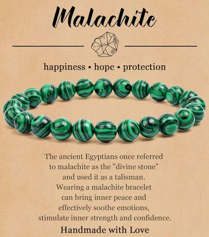 BOMAIL Natural Stone Bracelet for Women Men - 8MM Semi-Precious Gemstone Beaded Bracelet Healing Crystal Stretch Bracelet Yoga Bracelets Jewelry - color: Malachite