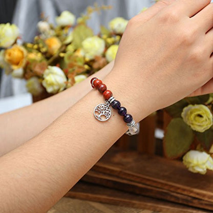 Jovivi 7 Chakra Gemstone Tree Life Healing Crystal Bracelets Natural Stone Round Beads Bracelet for Yoga Energy Balancing Meditation