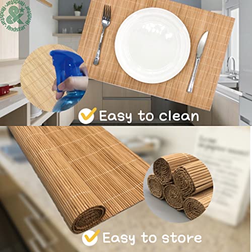Set of 4 Pcs Bamboo Placemats Sushi Rolling Mat Japanese Style Natural Anti-Slip Bamboo Placemats Washable Heat-Resistant Table Mats for Dining Room and Kitchen（Brown） - color: Brown, size: Set of 4