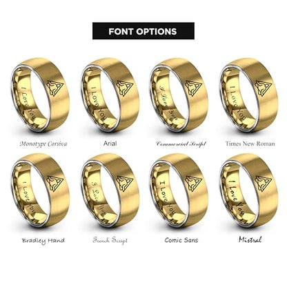 Gift for Yoga Fan - Yoga Meditation Ring - Flat Dome Bevel - Band - Men Women - Brushed Polished - Tungsten - Personalized Custom Engraving - 8mm - Anniversary Wedding - Yellow Rose Gold Silver - color: 05 - Yellow Gold Grey Tungsten