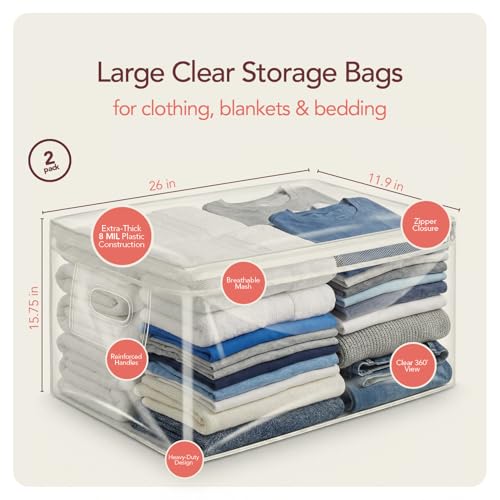 20 Gallon Jumbo Clear Storage Bags with Zipper, 2 Pack Extra Large Under Bed Storage Bags (15.75x26x11.9 in) Transparent Plastic Bags for Clothes, Blankets, Comforters, Quilts & Seasonal Storage