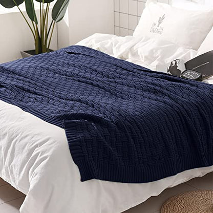 TREELY 100% Cotton Knitted Throw Blanket Couch Cover Blanket(60 x 80 Inches, Navy Blue) - color: Navy Blue, size: Twin (60 in x 80 in)