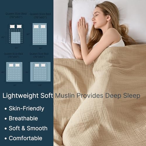 Muslin Blanket 100% Cotton Blanket Throw 50”x65”, Lightweight Breathable Summer Blanket Throw. Supersoft 4-Layer Gauze Throw Blanket for Sofa, Couch, Bed, All-Season Use, Sand