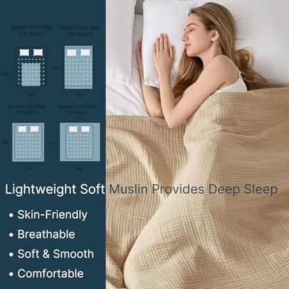 Muslin Blanket 100% Cotton Blanket Throw 50”x65”, Lightweight Breathable Summer Blanket Throw. Supersoft 4-Layer Gauze Throw Blanket for Sofa, Couch, Bed, All-Season Use, Sand