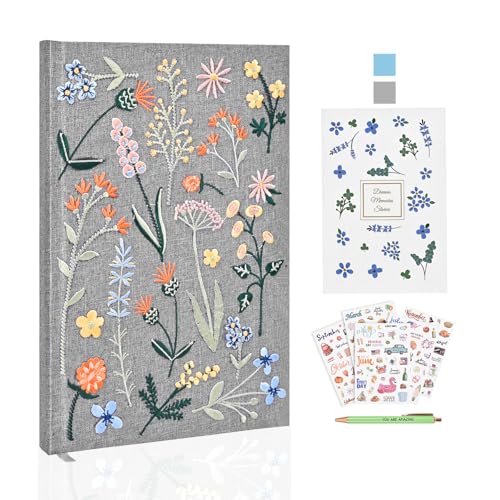 Journal for Women, Embroidered Linen Hardcover Notebook, A5 Journals for Writing & Sketching, Half Blank & Half Lined Journal, Aesthetic Writing Journal with Pen & 200+Stickers, Gift Set for Women - color: Stone Gray