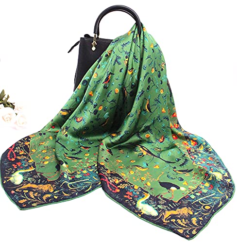 ANDANTINO 100% Silk Scarf 43" Large Square Lightweight Headscarf& Shawl–Women Hair Wraps-With Gift Packed - color: Jade Green-birds