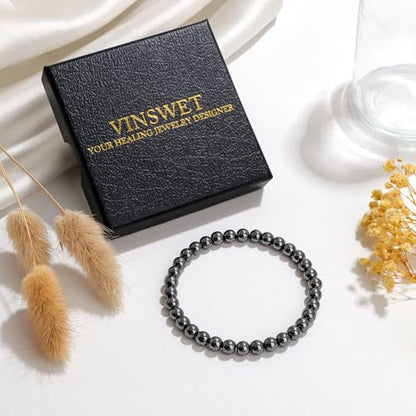 Vinswet 4mm 6mm 8mm Healing Crystal Bracelets for Women Men Natural Stone Beaded Stretch Bracelet Handmade Gemstone Reiki Spiritual Jewelry Gifts - color: Hematite, size: 6mm
