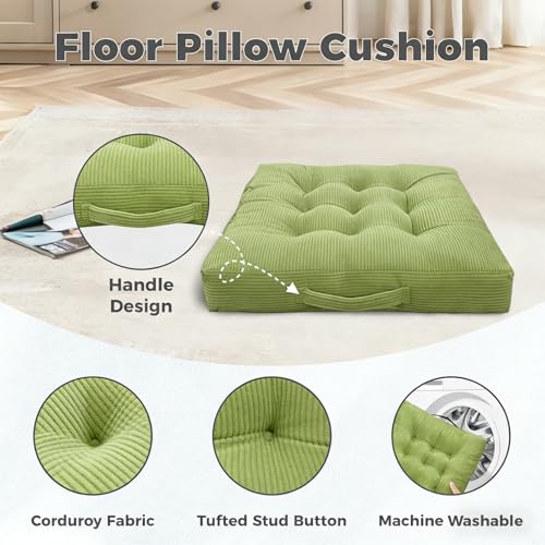 Floor Pillow 18x18 Inch Turquoise Corduroy Floor Sitting Cushions 2-Pack, Portable Handle Design, Non-Slip Chair Pads for Meditation Yoga Indoor Use