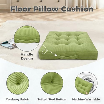 Floor Pillow 18x18 Inch Turquoise Corduroy Floor Sitting Cushions 2-Pack, Portable Handle Design, Non-Slip Chair Pads for Meditation Yoga Indoor Use