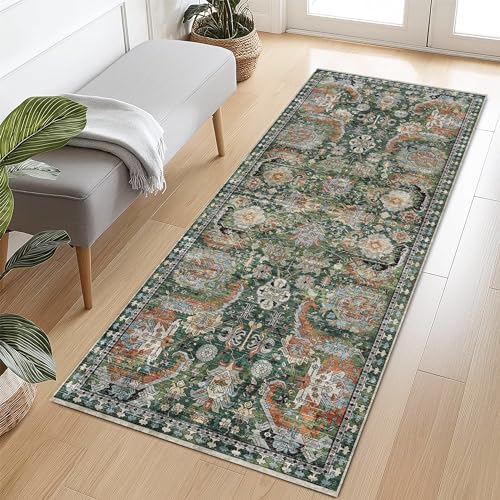 RUGSURE Washable Area Rugs - Perfect for Living Room, Bedroom, Kids Room, Nursery - Stain & Water Resistant Non-Slip, Pet & Child Friendly, Vintage Tribal Area Rugs (Green, 2'6'' x 8') - color: Green, size: 2'6" x 8' (Rectangular)