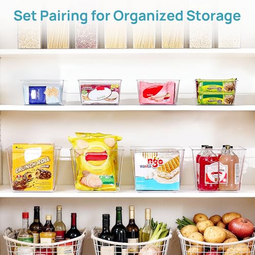 Vtopmart 4+4 Pack Clear Plastic Storage Bins Set, 4 Large Pantry Organizer Bins with Handle and 4 Medium 4-Compartment Food Storage Bins for Pantry, Kitchen, Fridge, Cabinet Organization - style: 4 Larger+4 Medium