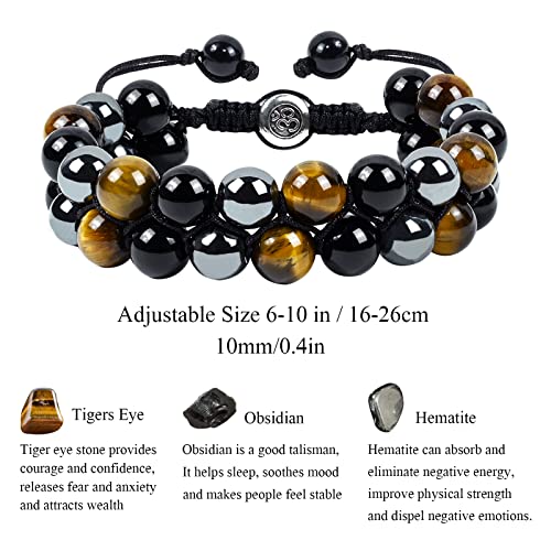 Triple Protection Bracelet Natural Black Obsidian Tigers Eye Hematite Beads Crystal Bracelet Healing Bracelets for Men Women Bring Prosperity Luck and Health - color: Black