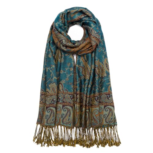 QIUTIMIY Paisley Pashmina Shawl Wrap Women Reversible Vintage Jacquard Pashmina Rave Scarf with Fringe for Evening, Wedding - color: Flower1-blue