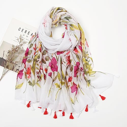 YOUR SMILE Large Boho Scarf for Women Lightweight Floral Printed Scarves Fall Winter Fashion Fringed Shawl wraps - color: 08 White/Pink Floral