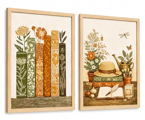 Framed Vintage Botanical Book Wall Art Set of 2 Cottagecore Reading Library Prints Natural Rustic Farmhouse Garden Picture Wall Decor for Library Living Room Bedroom12x16in - color: Botanical Books, size: 12x16 Inches