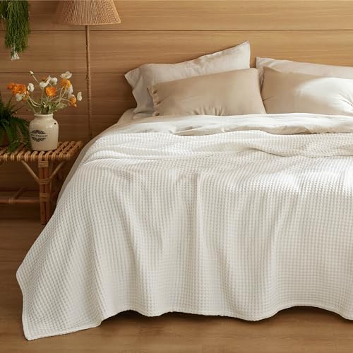 Bedsure 100% Cotton Blanket Queen Size for Spring Summer, Waffle Weave Thin Lightweight Breathable Blanket for Bed, Cotton Bedding Room Decor Gifts for Women, Men, Ivory, 90" x 90" - color: Ivory, size: Queen (90" X 90")