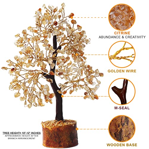 Zenfulstone Citrine Tree of Life Artificial Tree, 10-12 Inches, Wooden Base, Positive Energy, Versatile Use, Wonderful Gift - color: Citrine Golden Wire