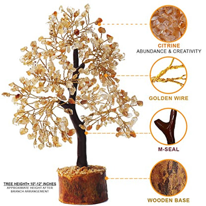 Zenfulstone Citrine Tree of Life Artificial Tree, 10-12 Inches, Wooden Base, Positive Energy, Versatile Use, Wonderful Gift - color: Citrine Golden Wire