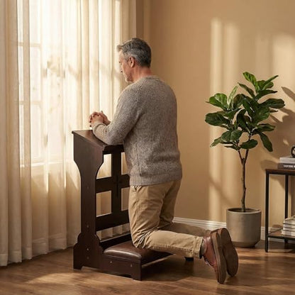 Prayer Kneeler Wooden Bench Stool with Padded Cushion and Storage Shelf - Heavy Duty Solid Wood Prayer Kneeler for Kneeling at Home and Church - Comfortable Padded Religious Kneeling Stool for Worship