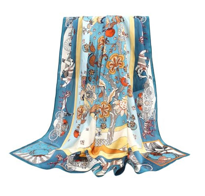 100% Pure Mulberry Silk Scarf 35" Large Square Lightweight Headscarf –Women’s Hair Wraps-With Gift Packed - color: Carriage&flowers-blue
