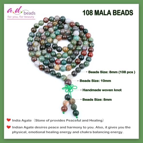 AD Beads 6mm 8mm 108 Prayer Mala Jasper Elastic Bracelet - Handmade Yoga Meditation Healing Power Energy Gifts for Unisex Adult. - color: India Agate(Peaceful)