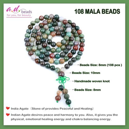 AD Beads 6mm 8mm 108 Prayer Mala Jasper Elastic Bracelet - Handmade Yoga Meditation Healing Power Energy Gifts for Unisex Adult. - color: India Agate(Peaceful)