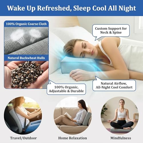 Buckwheat Pillow & Cervical Pillows for Sleeping (21x8x3inch) 100% Organic Coarse Cloth Package w Organic Buckwheat Hulls, Natural Cooling Technology and Relieve Cervical Pain. (C-Gray) - color: C-gray