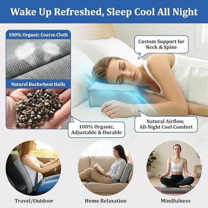 Buckwheat Pillow & Cervical Pillows for Sleeping (21x8x3inch) 100% Organic Coarse Cloth Package w Organic Buckwheat Hulls, Natural Cooling Technology and Relieve Cervical Pain. (C-Gray) - color: C-gray