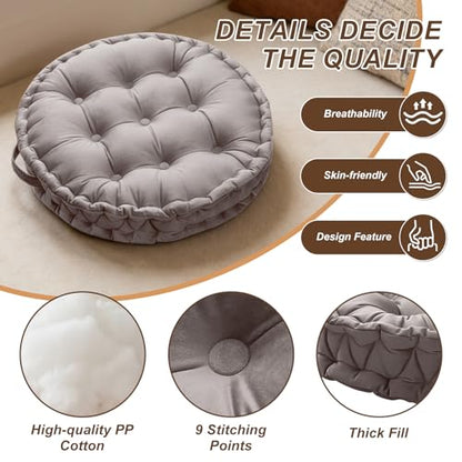Meditation Floor Pillow, 23.6" Round Thick Cushion with Handle, Velvet Floor Cushion Seat Cushion for Yoga Living Room Tatami, Meditation Cushion for Adults, Light Gray
