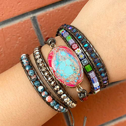 Boho Wrap Bracelet for Women, Handmade Natural Imperial Jasper Multi-Layer Stone Beaded Bracelet, Bohemian Healing Crystal Stone Jewelry Gifts - color: Emperor Stone 2#