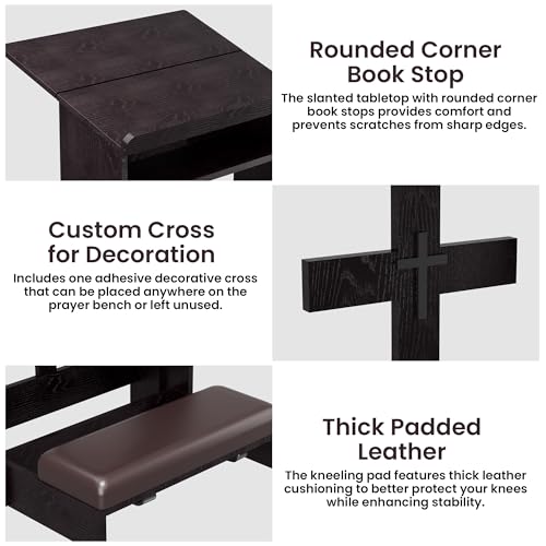 Foldable Prayer Kneeler, Wooden Prayer Bench with Storage Shelf, Cushion Pad, Rounded Corner Bookend and Customizable Cross Decoration, Reinforced Steel Tube Base Design (Dark Brown)