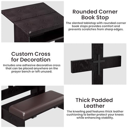 Foldable Prayer Kneeler, Wooden Prayer Bench with Storage Shelf, Cushion Pad, Rounded Corner Bookend and Customizable Cross Decoration, Reinforced Steel Tube Base Design (Dark Brown)