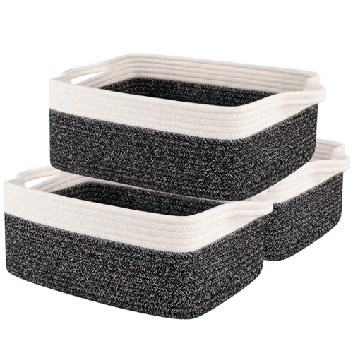 OIAHOMY 3 Pack Storage Baskets for Organizing, Woven Cotton Rope Basket for Shelves, Closet Organizer Bins with Handles, Rectangle Toy Organization, 13.78''×9.84''×5.5'', Black & White - color: Black variegated, size: 13.8''×9.8''×5.5''