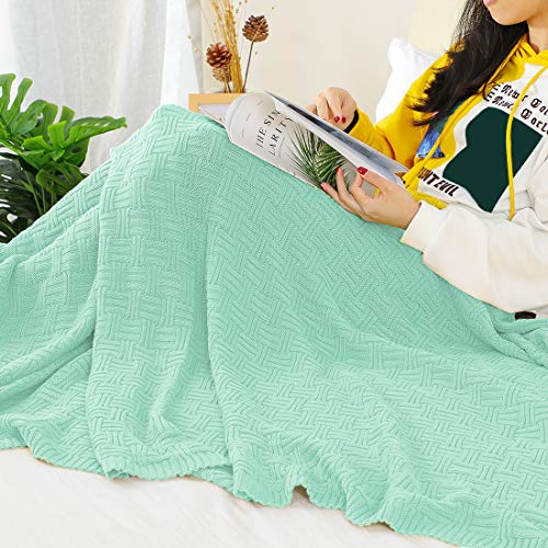 uxcell 100% Cotton Cable Knit Throw Blanket,Soft Lightweight Lap Blanket,Textured Solid Sofa Throw Couch Cover Decors Knitted Blankets, Light Green 50"x 60" - color: Light Green