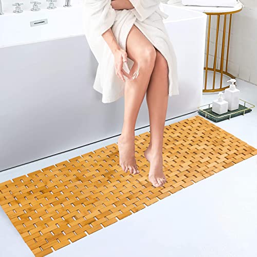 Bambo Bath Mat Bathroom Runner Long Large Rugs Floor Wood Shower Bathtub Waterproof Non Slip Accessories 16x48 Inch Easy to Clean, Natural, 1 pc - color: Natural, size: 16x 48 Inch-1 pc