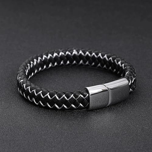 Men's Leather Bracelet, Stackable Stainless Steel Clasp Bracelets for Men Stylish Birthday, Thanksgiving, Valentine's Day Gift for My Man - style: 8" Black and White