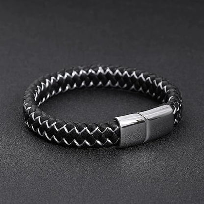 Men's Leather Bracelet, Stackable Stainless Steel Clasp Bracelets for Men Stylish Birthday, Thanksgiving, Valentine's Day Gift for My Man - style: 8" Black and White