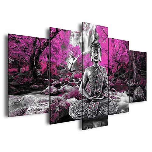 AWLXPHY Decor Buddha Waterfall Wall Art Canvas Painting Framed 5 Panels for Living Room Decoration Modern Landscape Buddha Trees Zen Stretched Artwork Giclee (Purple, 40"x20") - color: Purple, size: 40"x20"