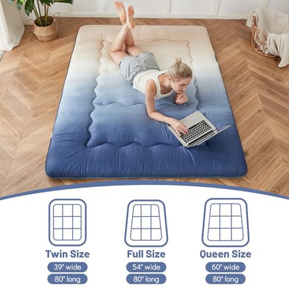 Zelladorra Japanese Floor Mattress, Futon Mattress with Portable Storage Bag and Washable Cover, Roll Up Thick Tatami Mat Suitable for Camping, Guest Room (Coastal Gradient, Twin)