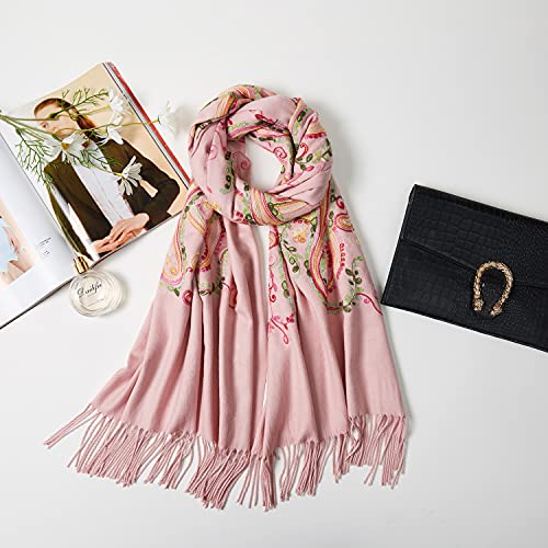 Embroidered Brushed Shawl Paisley Leaves Pattern Scarf Soft Ponchos Wrap Cape With Fringes - color: 043-misty Rose