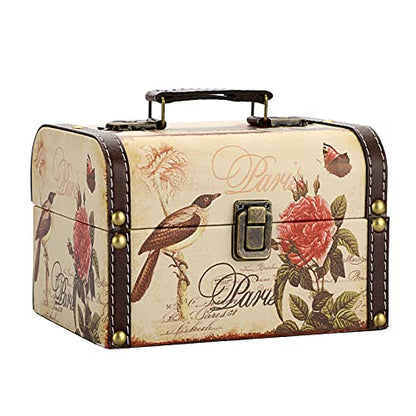 Decorative Treasure Chest Box, Wooden + PU Leather Storage Box for Jewelry Trinkets, Keepsakes box for Girls Women Gifts (Bird + Flower Pattern)