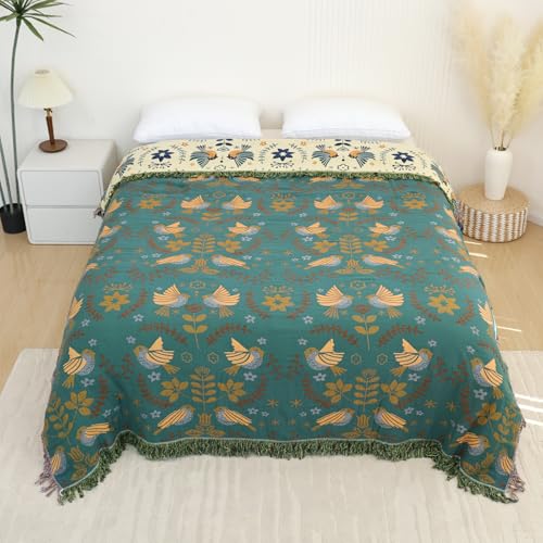 Boho Throw Blanket for Bed, 100% Pure Cotton Ultra Soft Rustic Quilt, Farmhouse Decor Bed Blankets, All Season Rustic Throw for Sofa Couch Chair(80''x 90'', Bird A) - color: Bird Pattern a, size: 80''x 90''