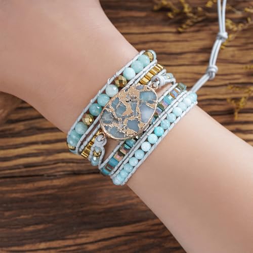 Plumiss Women Boho Handmade Natural Stone Crystal Leather Bead Wrap Bracelets Collection - style: Gold Amazonite 5W