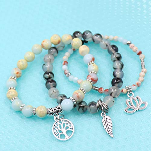 Tree of Life Yoga Healing Stone Bracelets,Multilayer Lotus Chakra Stone Reiki Bracelet Sets,Anxiety Crystal Natural Stone,for Women Stress Relief - style: Light cyan + Dragon pattern Stone