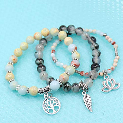 Tree of Life Yoga Healing Stone Bracelets,Multilayer Lotus Chakra Stone Reiki Bracelet Sets,Anxiety Crystal Natural Stone,for Women Stress Relief - style: Light cyan + Dragon pattern Stone